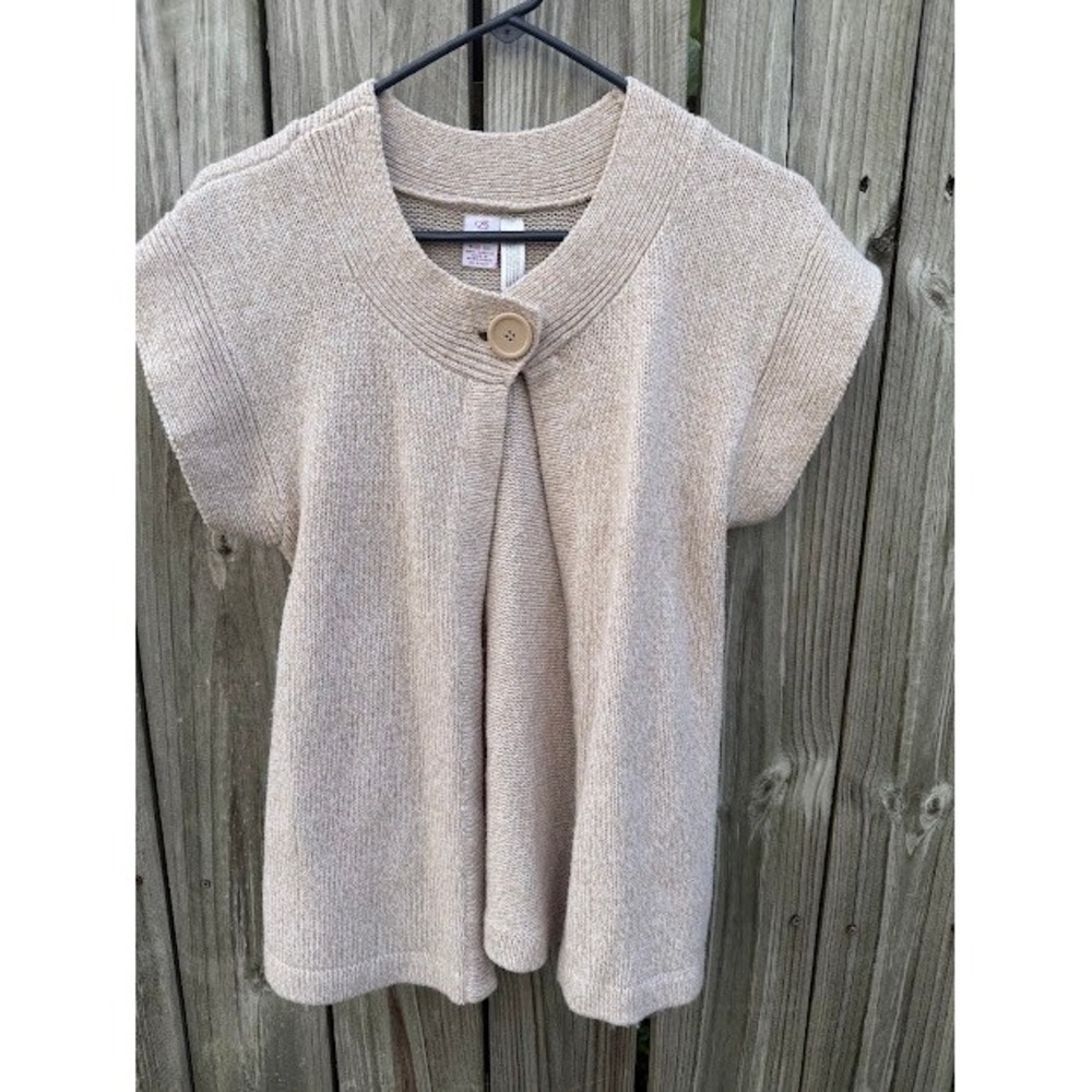 Boho Minimalist CJ Banks Short Sleeve Cardigan M Beige Single Button Sweater